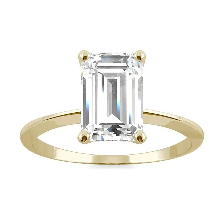 3 Carat Emerald Cut Genuine Moissanite Solitaire Engagement Ring - 14 Karat Yellow Gold - Boutique Pavè
