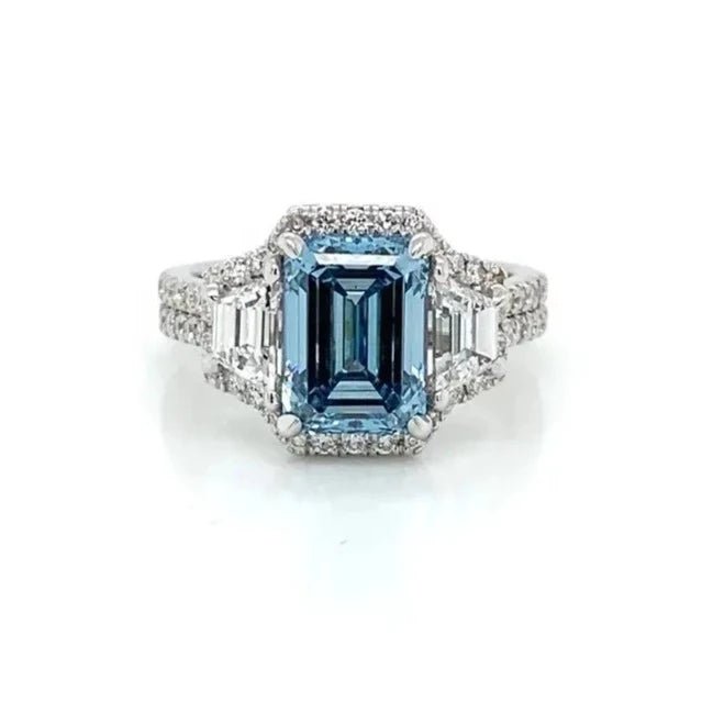3 Carat Emerald Cut Lab Created Blue Diamond Pavè Halo Engagement Ring in 14 Karat White Gold - Boutique Pavè