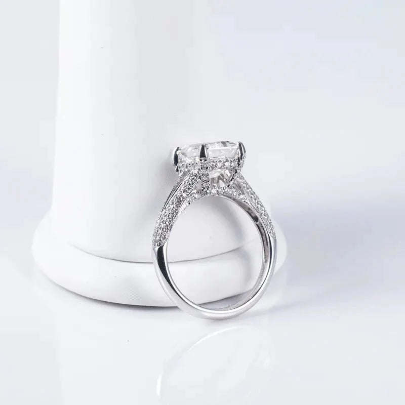 3 Carat Emerald Cut Lab Created Diamond Split Shank Engagement Ring in 18 Karat White Gold - Boutique Pavè