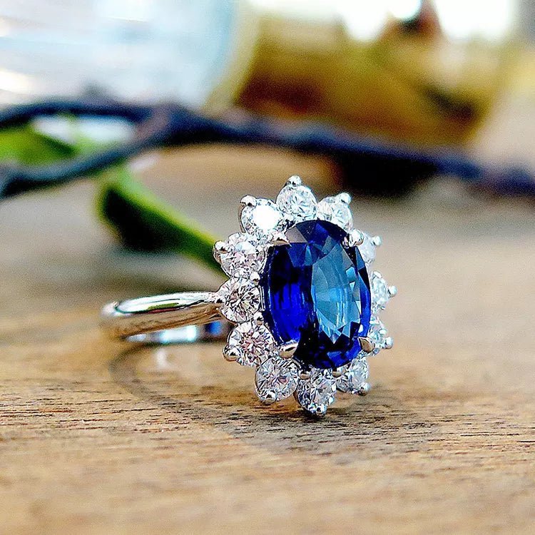 3 Carat Oval Cut Lab Created Sapphire and Moissanite Halo Engagement Ring in Platinum - Boutique Pavè