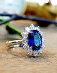 3 Carat Oval Cut Lab Created Sapphire and Moissanite Halo Engagement Ring in Platinum - Boutique Pavè