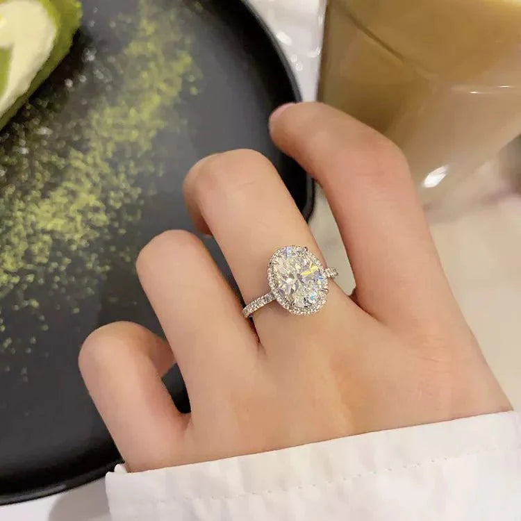 3 Carat Oval Cut Moissanite Halo Engagement Ring in 14 Karat White Gold - Boutique Pavè