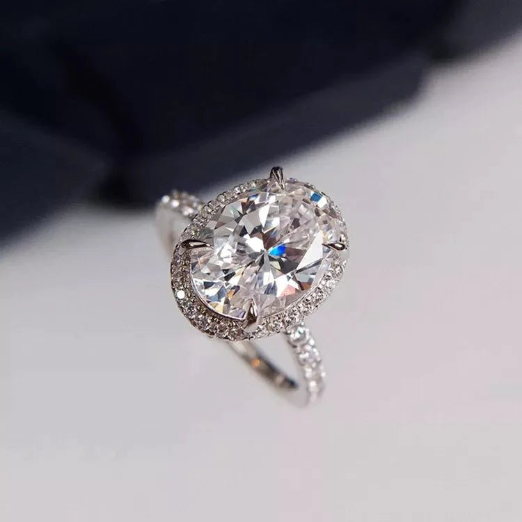 3 Carat Oval Cut Moissanite Halo Engagement Ring in 14 Karat White Gold - Boutique Pavè