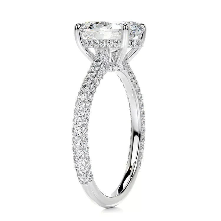 3 Carat Oval Cut Moissanite Secret Halo Engagement Ring in 14 Karat White Gold Pave Band - Boutique Pavè