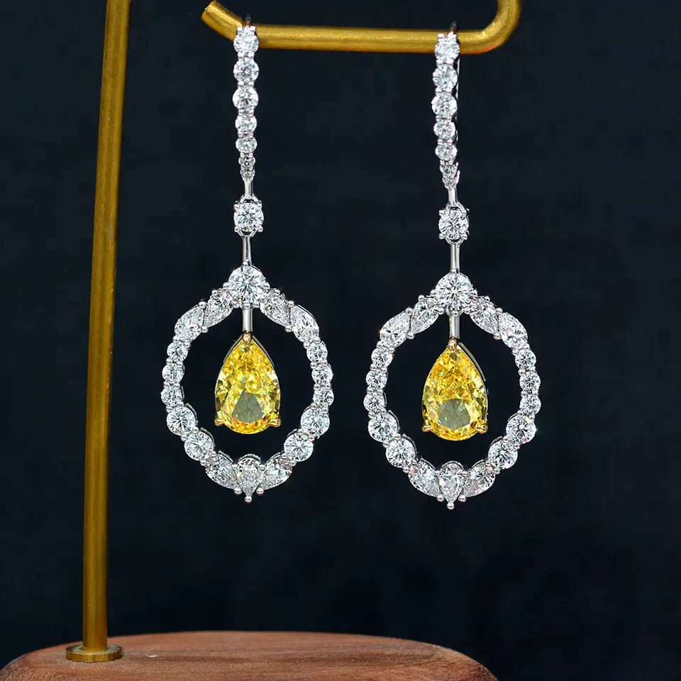 3 Carat Pear Cut Fancy Canary Cubic Zirconia Statement Earrings in Platinum-Plated Sterling Silver - Boutique Pavè