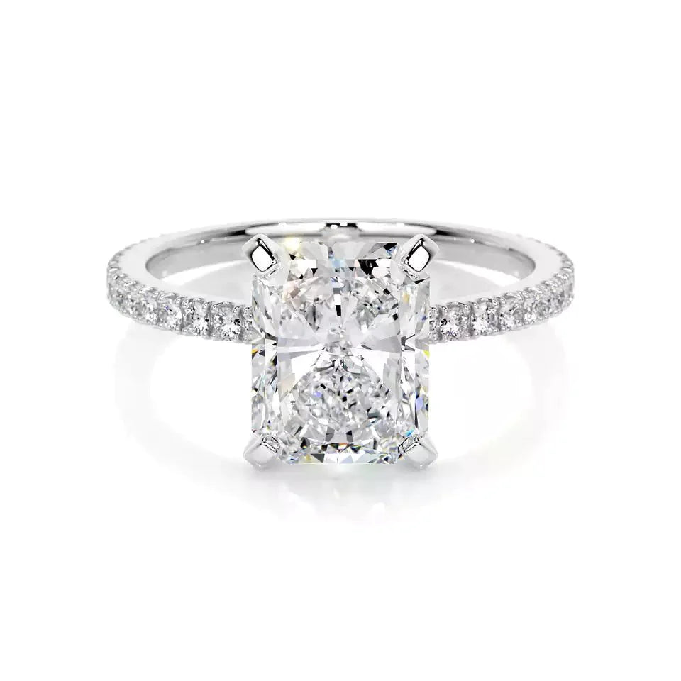 3 Carat Radiant Cut Lab Created Diamond Pave Solitaire Engagement Ring in 14 Karat White Gold - Boutique Pavè