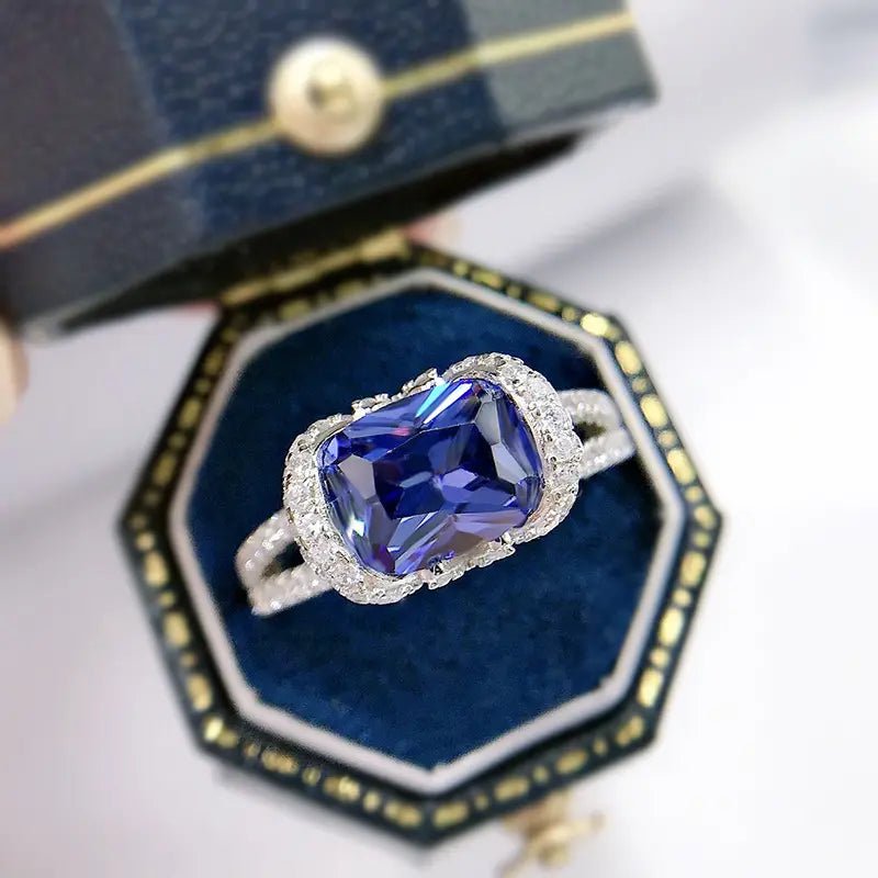 3 Carat Radiant Cut Sapphire Blue Cubic Zirconia Vintage Engagement Ring in Platinum Plated Sterling Silver - Boutique Pavè