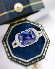 3 Carat Radiant Cut Sapphire Blue Cubic Zirconia Vintage Engagement Ring in Platinum Plated Sterling Silver - Boutique Pavè