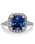 3.5 Carat Cushion Cut Lab Created Sapphire and Moissanite Halo Engagement Ring in 14 Karat White Gold - Boutique Pavè