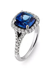 3.5 Carat Cushion Cut Lab Created Sapphire and Moissanite Halo Engagement Ring in 14 Karat White Gold - Boutique Pavè