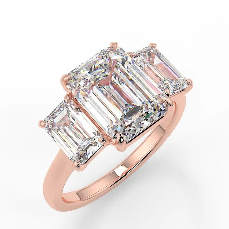 3.5 Carat Emerald Cut Moissanite Three Stone Engagement Ring in 14 Karat Rose Gold - Boutique Pavè
