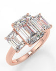 3.5 Carat Emerald Cut Moissanite Three Stone Engagement Ring in 14 Karat Rose Gold - Boutique Pavè