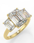 3.5 Carat Emerald Cut Moissanite Three Stone Engagement Ring in 14 Karat Yellow Gold - Boutique Pavè