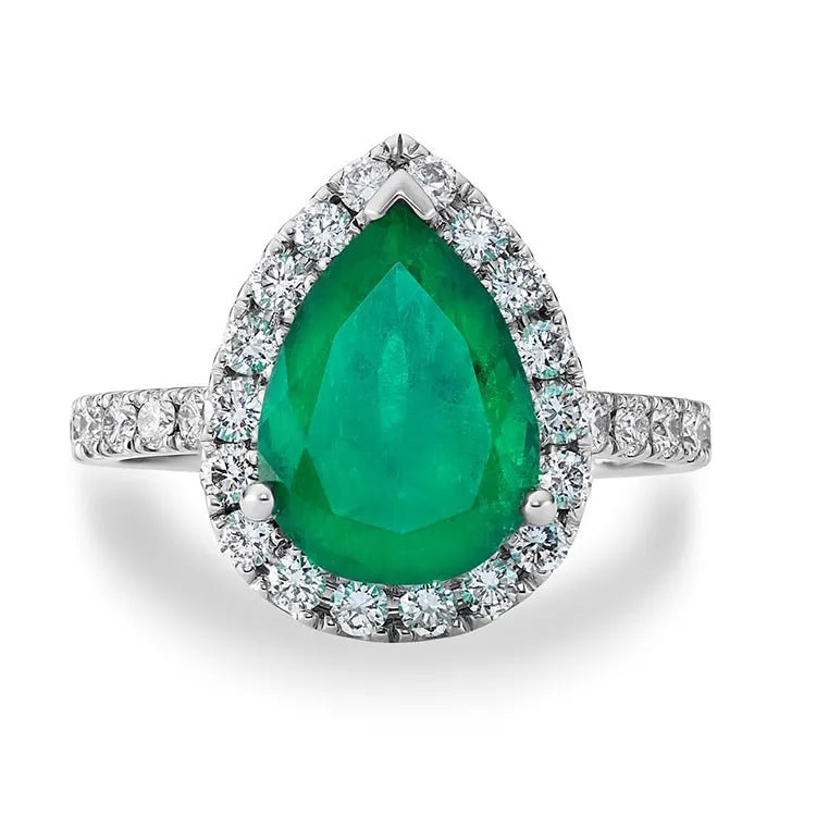 3.5 Carat Pear Cut Lab Created Emerald and Moissanite Halo Statement Ring in 14 Karat Gold - Boutique Pavè