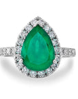 3.5 Carat Pear Cut Lab Created Emerald and Moissanite Halo Statement Ring in 14 Karat Gold - Boutique Pavè