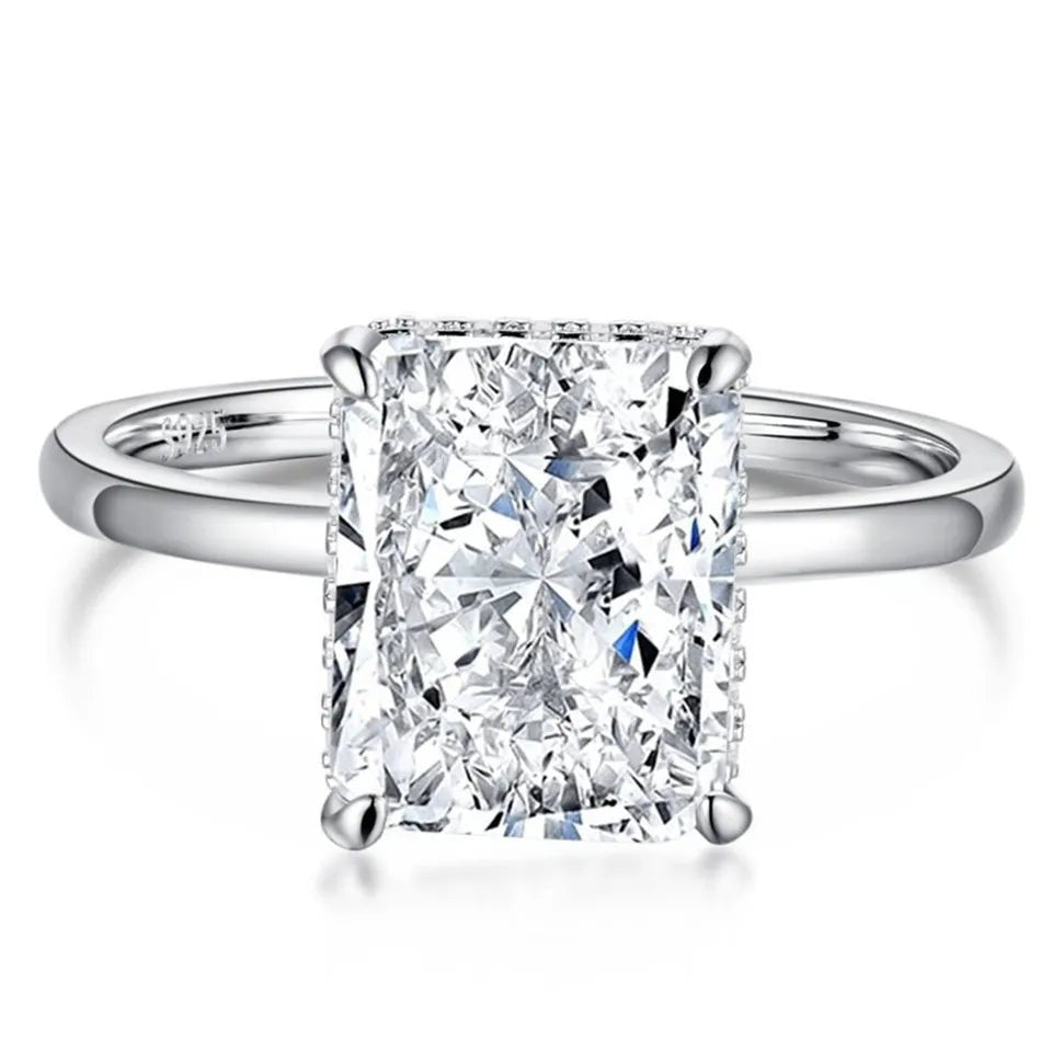 3.5 Carat Radiant Cut Cubic Zirconia Fancy Hidden Halo Solitaire Engagement Ring in Platinum Plated Sterling Silver - Boutique Pavè