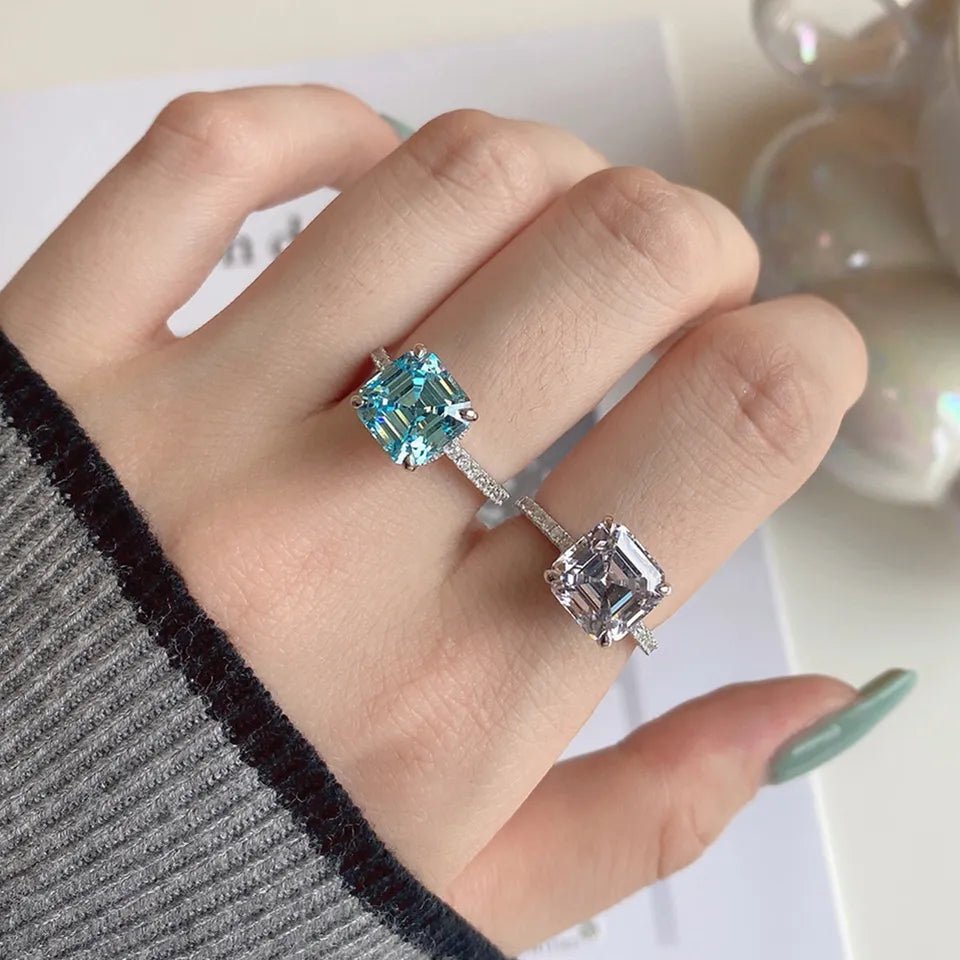 4 Carat Asscher Cut 5A Rated Aquamarine Cubic Zirconia Fancy Pave Solitaire Engagement Ring in Platinum Plated Sterling Silver - Boutique Pavè