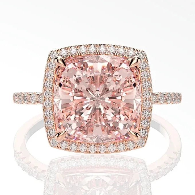4 Carat Cushion Cut 5A Rated Champagne Pink Cubic Zirconia Halo Engagement Ring in Rose Gold Plated Sterling Silver - Boutique Pavè