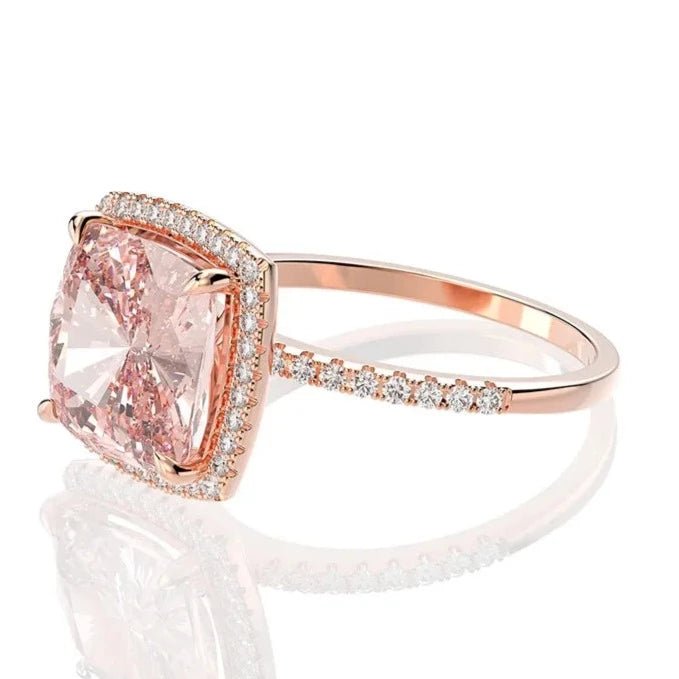 4 Carat Cushion Cut 5A Rated Champagne Pink Cubic Zirconia Halo Engagement Ring in Rose Gold Plated Sterling Silver - Boutique Pavè