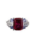 4 Carat Emerald Cut 5A Rated Red Ruby Cubic Zirconia Art Nouveau Engagement Ring in Platinum Plated Sterling Silver - Boutique Pavè
