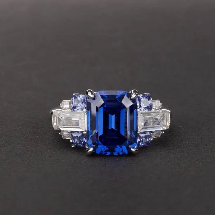 4 Carat Emerald Cut 5A Rated Sapphire Blue Cubic Zirconia Art Nouveau Engagement Ring in Platinum Plated Sterling Silver - Boutique Pavè