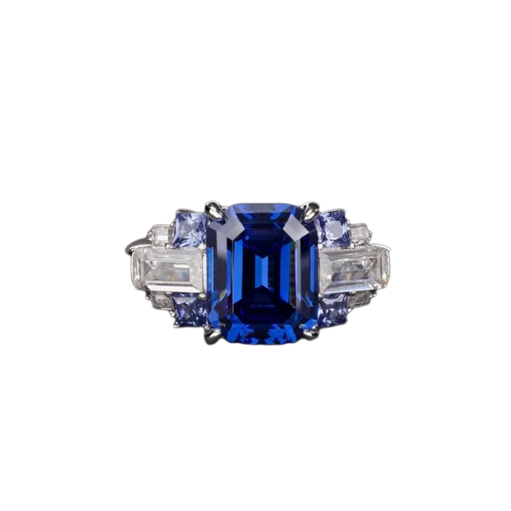4 Carat Emerald Cut 5A Rated Sapphire Blue Cubic Zirconia Art Nouveau Engagement Ring in Platinum Plated Sterling Silver - Boutique Pavè