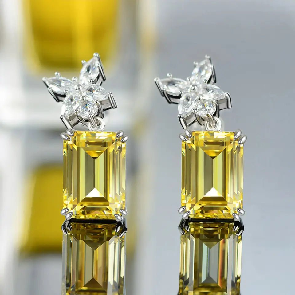 4 Carat Emerald Cut Canary Cubic Zirconia Fancy Single Drop Earrings in Platinum-Plated Sterling Silver - Boutique Pavè