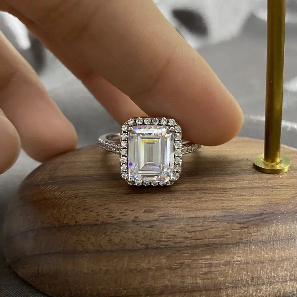 4 Carat Emerald Cut Cubic Zirconia Pave Halo Engagement Ring in Platinum Plated Sterling Silver - Boutique Pavè