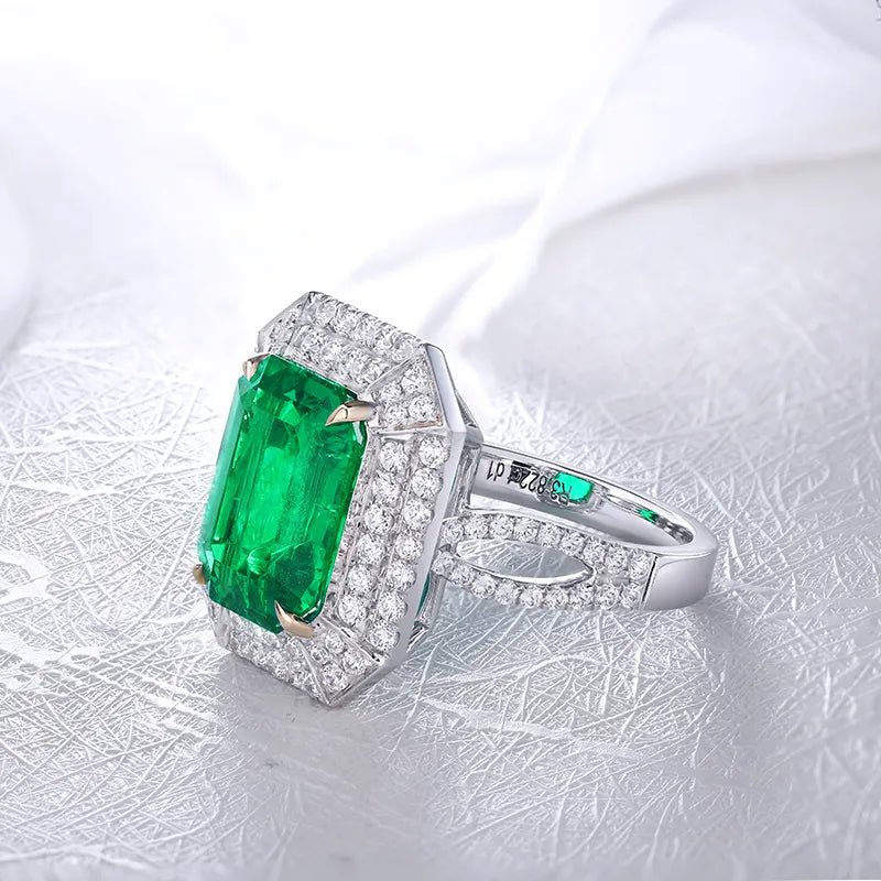 4 Carat Emerald Cut Lab Created Colombian Emerald Double Halo Engagement Ring in 9 Karat Gold - Boutique Pavè