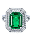 4 Carat Emerald Cut Lab Created Colombian Emerald Double Halo Engagement Ring in 9 Karat Gold - Boutique Pavè