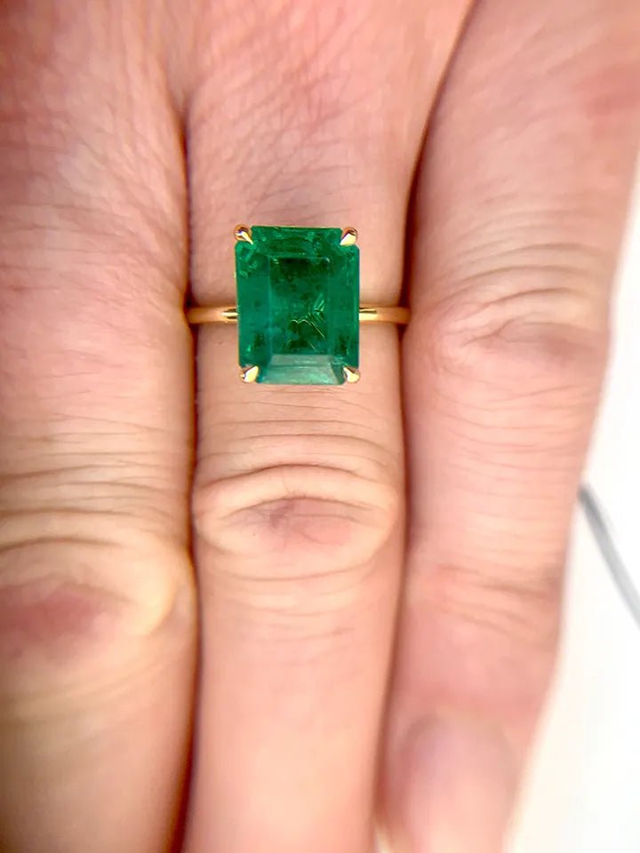 4 Carat Emerald Cut Lab Created Emerald Solitaire Engagement Ring in 14 Karat Yellow Gold - Boutique Pavè