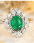 4 Carat Oval Cabochon Lab Created Emerald Fancy Halo Statement Ring in 14 Karat Gold - Boutique Pavè