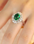 4 Carat Oval Cabochon Lab Created Emerald Fancy Halo Statement Ring in 14 Karat Gold - Boutique Pavè