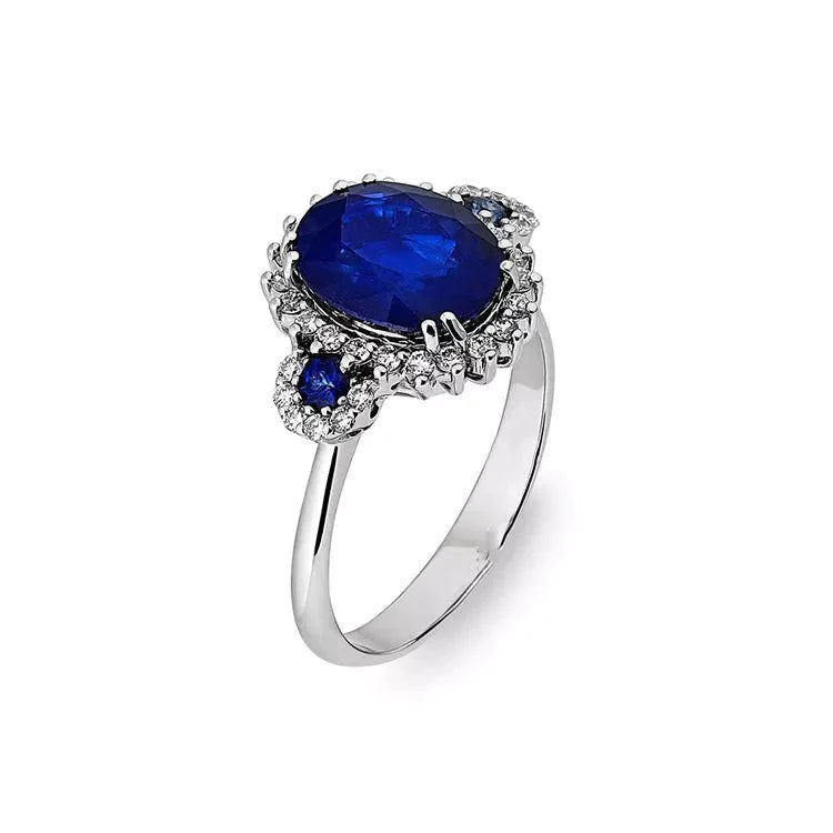 4 Carat Oval Cut Lab Created Sapphire and Moissanite Three Stone Engagement Ring in 14 Karat White Gold - Boutique Pavè
