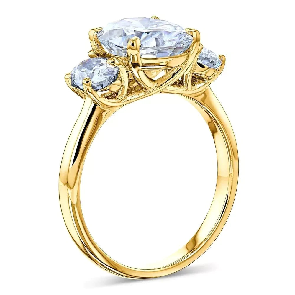 4 Carat Oval Cut Moissanite Three Stone Engagement Ring in 14 Karat Yellow Gold - Boutique Pavè