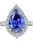 4 Carat Pear Cut Sapphire Blue Cubic Zirconia Fancy Halo Engagement Ring in Platinum Plated Sterling Silver - Boutique Pavè