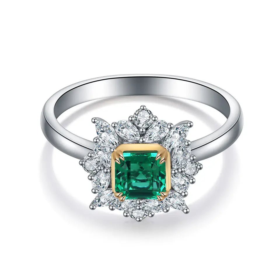 .45 Carat Asscher Cut Lab Created Emerald Fancy Halo Engagement Ring in 18 Karat Gold - Boutique Pavè
