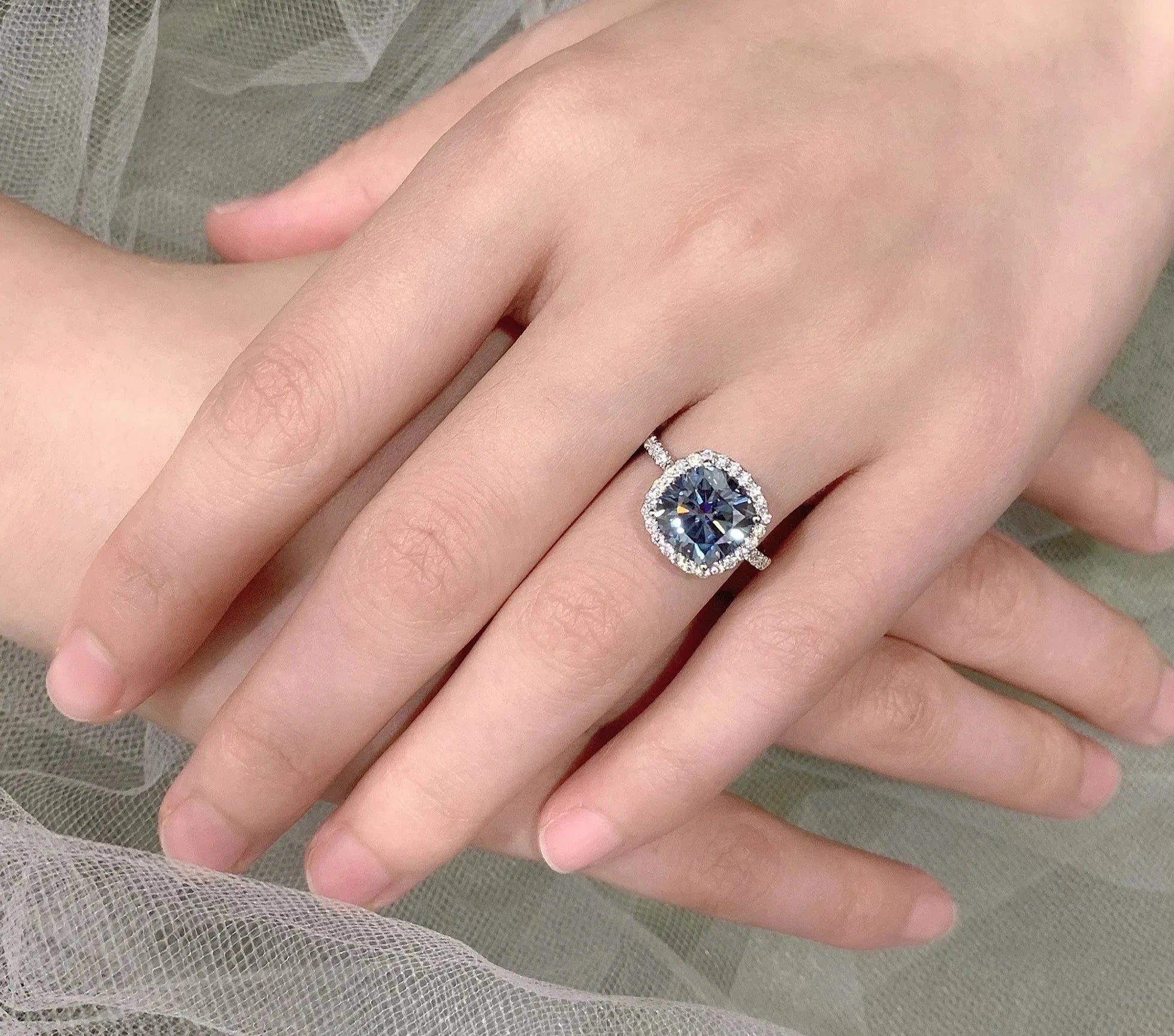 4.5 Carat Cushion Cut Blue Moissanite Halo Engagement Ring in 18 Karat White Gold - Boutique Pavè
