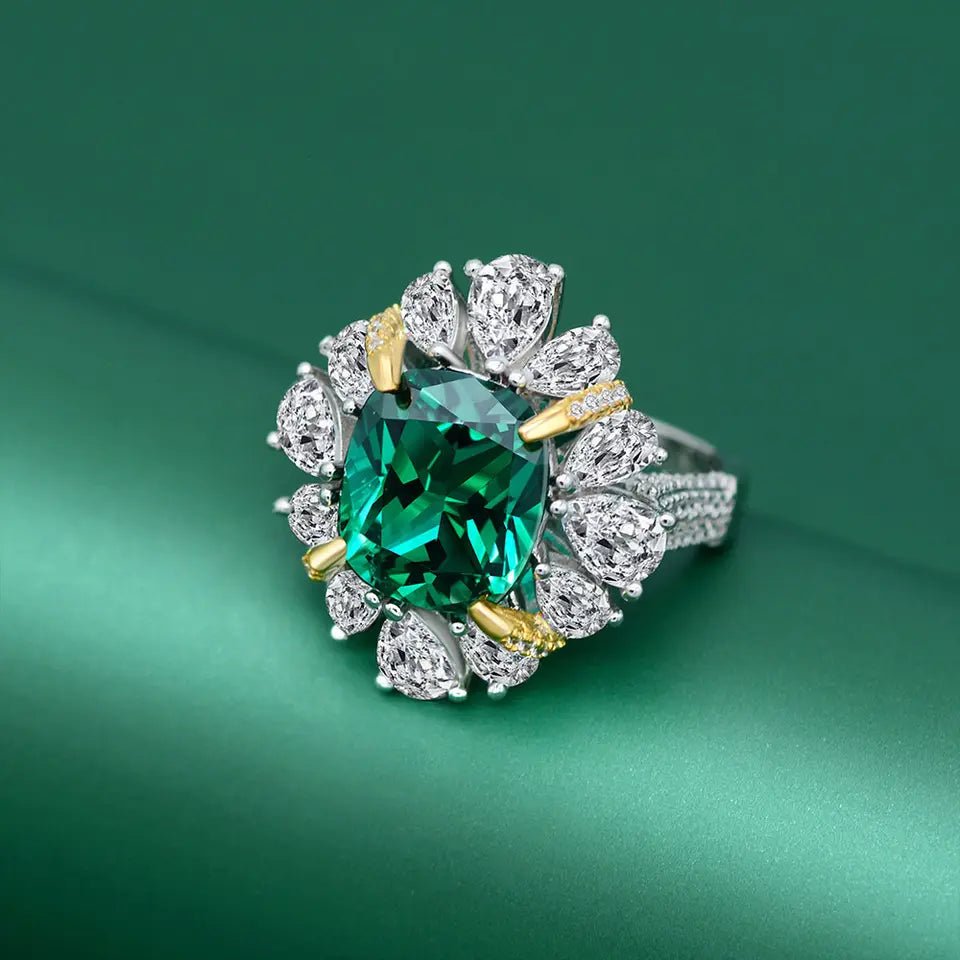 4.5 Carat Cushion Cut Emerald Green Cubic Zirconia Fancy Halo Statement Ring in Platinum Plated Sterling Silver - Boutique Pavè