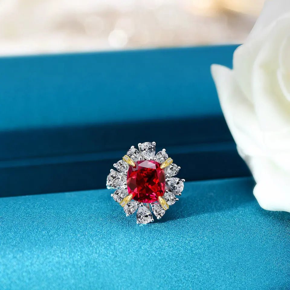 4.5 Carat Cushion Cut Ruby Red Cubic Zirconia Fancy Halo Statement Ring in Platinum Plated Sterling Silver - Boutique Pavè