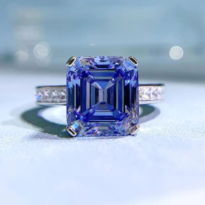 5 Carat Asscher Cut Blue Sapphire Cubic Zirconia Pave Solitaire Engagement Ring in Platinum Plated Sterling Silver - Boutique Pavè