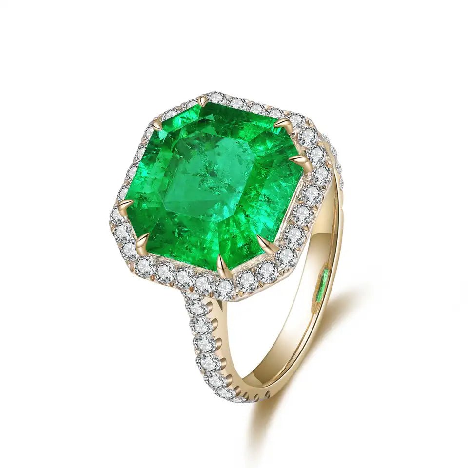 5 Carat Asscher Cut Lab Created Colombian Emerald Halo Engagement Ring in 9 Karat Gold - Boutique Pavè