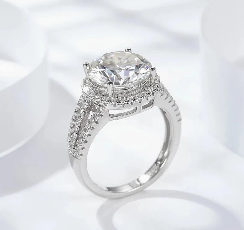 5 Carat Brilliant Round Cut Triple Split Shank Pave Halo Engagement Ring in Platinum Plated Sterling Silver - Boutique Pavè