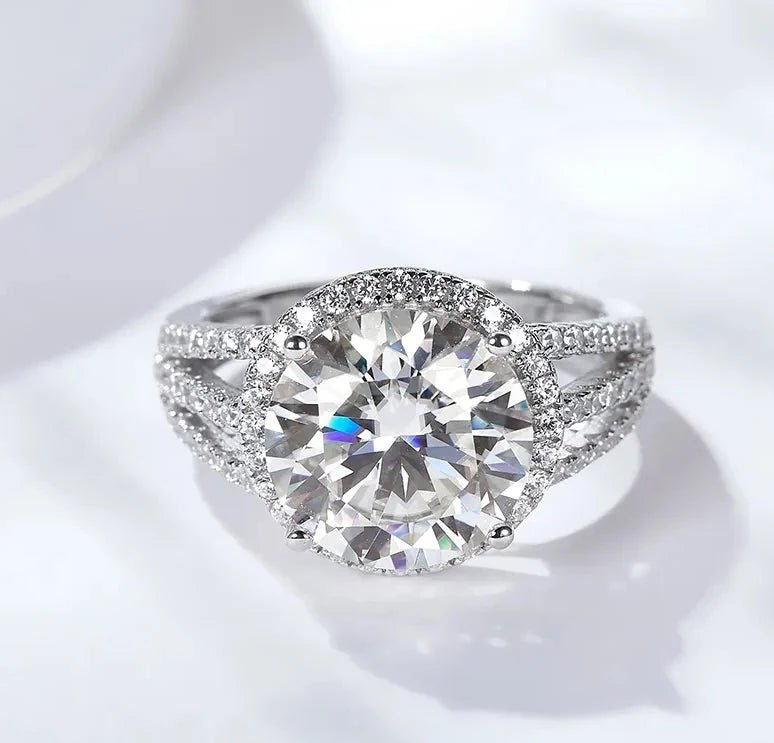 5 Carat Brilliant Round Cut Triple Split Shank Pave Halo Engagement Ring in Platinum Plated Sterling Silver - Boutique Pavè