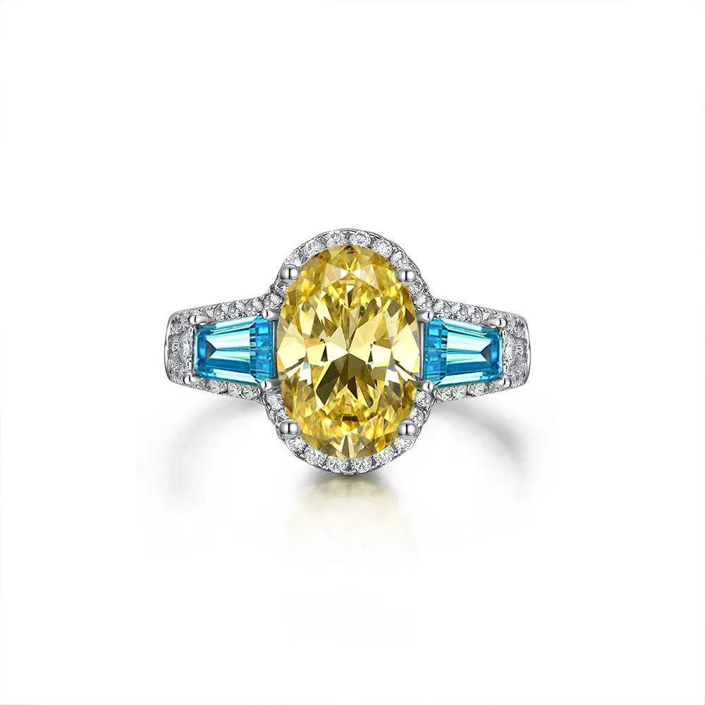 5 Carat Canary Yellow and Blue Accent Halo Engagement Ring in Platinum Plated Sterling Silver - Boutique Pavè