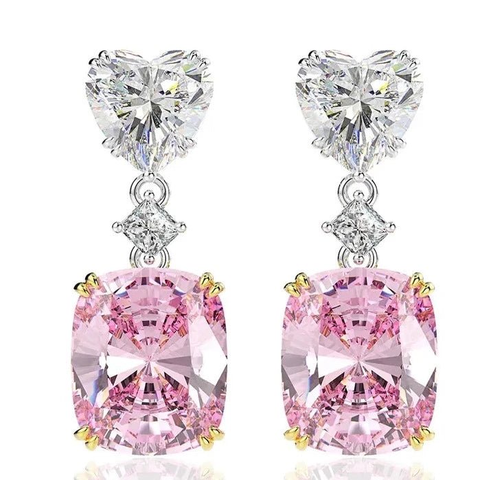 5 Carat Cushion and Heart Cut Fancy Pink Cubic Zirconia Drop Earrings in Platinum-Plated Sterling Silver - Boutique Pavè