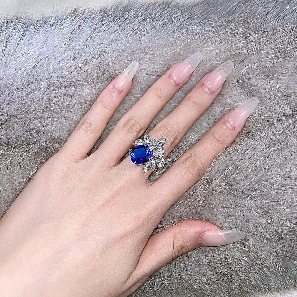 5 Carat Cushion Cut 5A Rated Blue Sapphire Cubic Zirconia Fancy Statement Ring in Platinum Plated Sterling Silver - Boutique Pavè