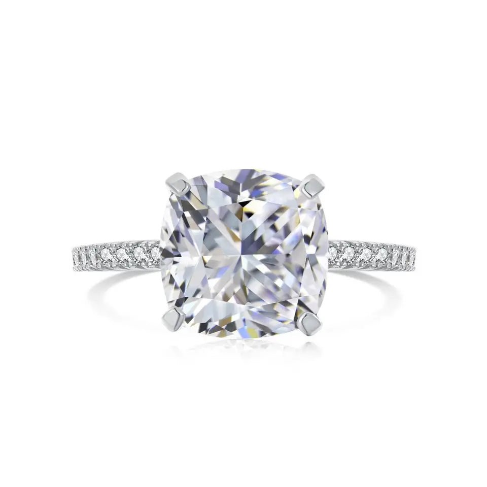 5 Carat Cushion Cut Cubic Zirconia Pave Solitaire Hidden Halo Engagement Ring in Platinum Plated Sterling Silver - Boutique Pavè
