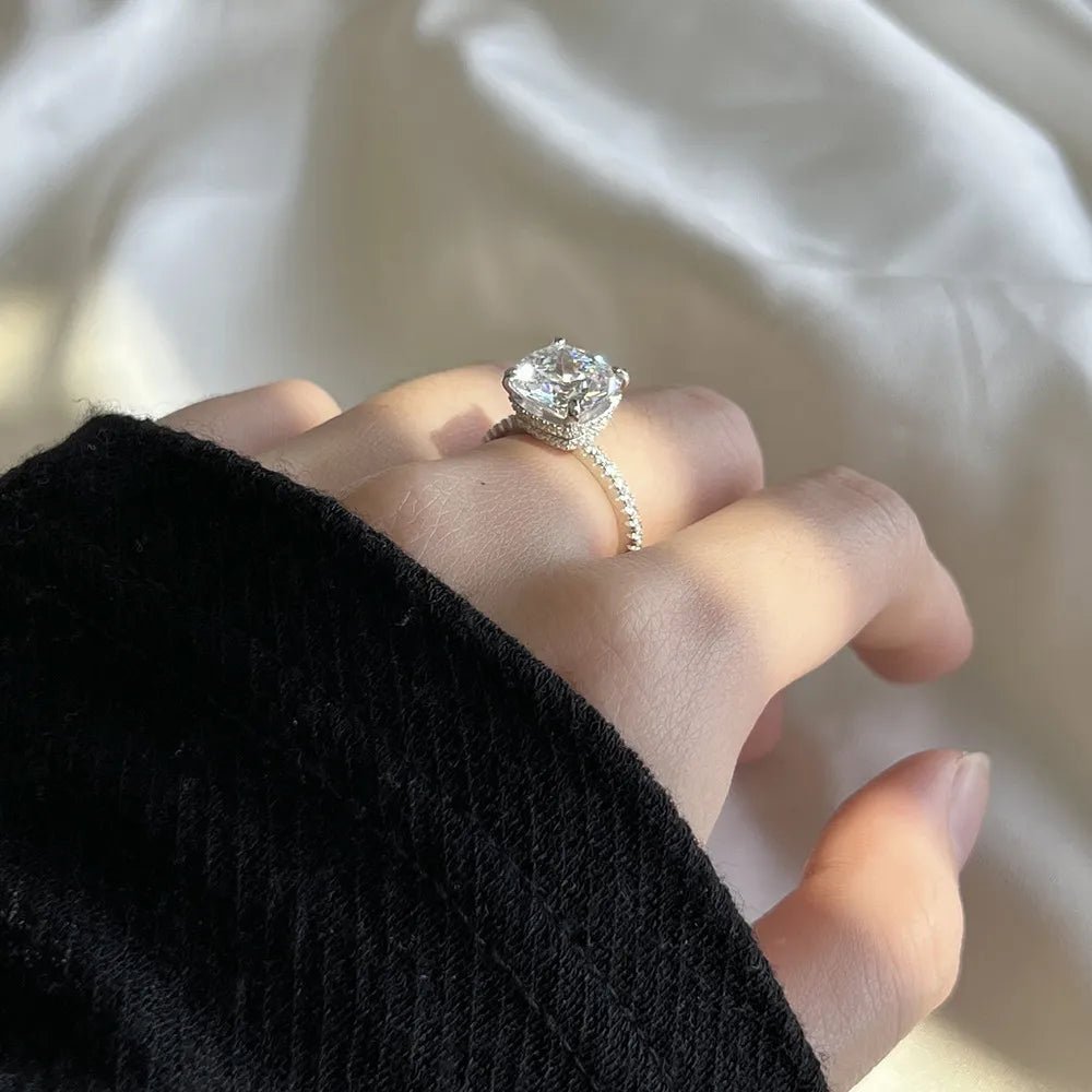 5 Carat Cushion Cut Cubic Zirconia Pave Solitaire Hidden Halo Engagement Ring in Platinum Plated Sterling Silver - Boutique Pavè