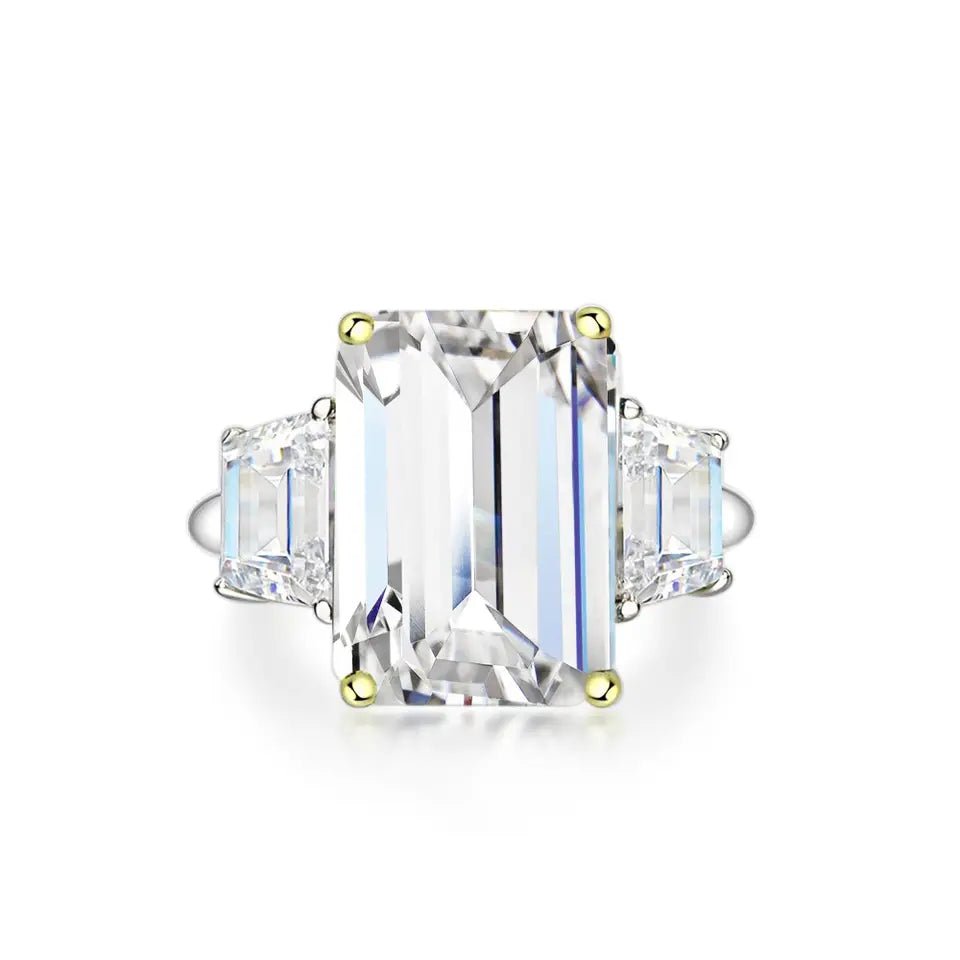 5 Carat Emerald Cut Cubic Zirconia Tapered Baguette Accent Solitaire Engagement Ring in Platinum Plated Sterling Silver - Boutique Pavè